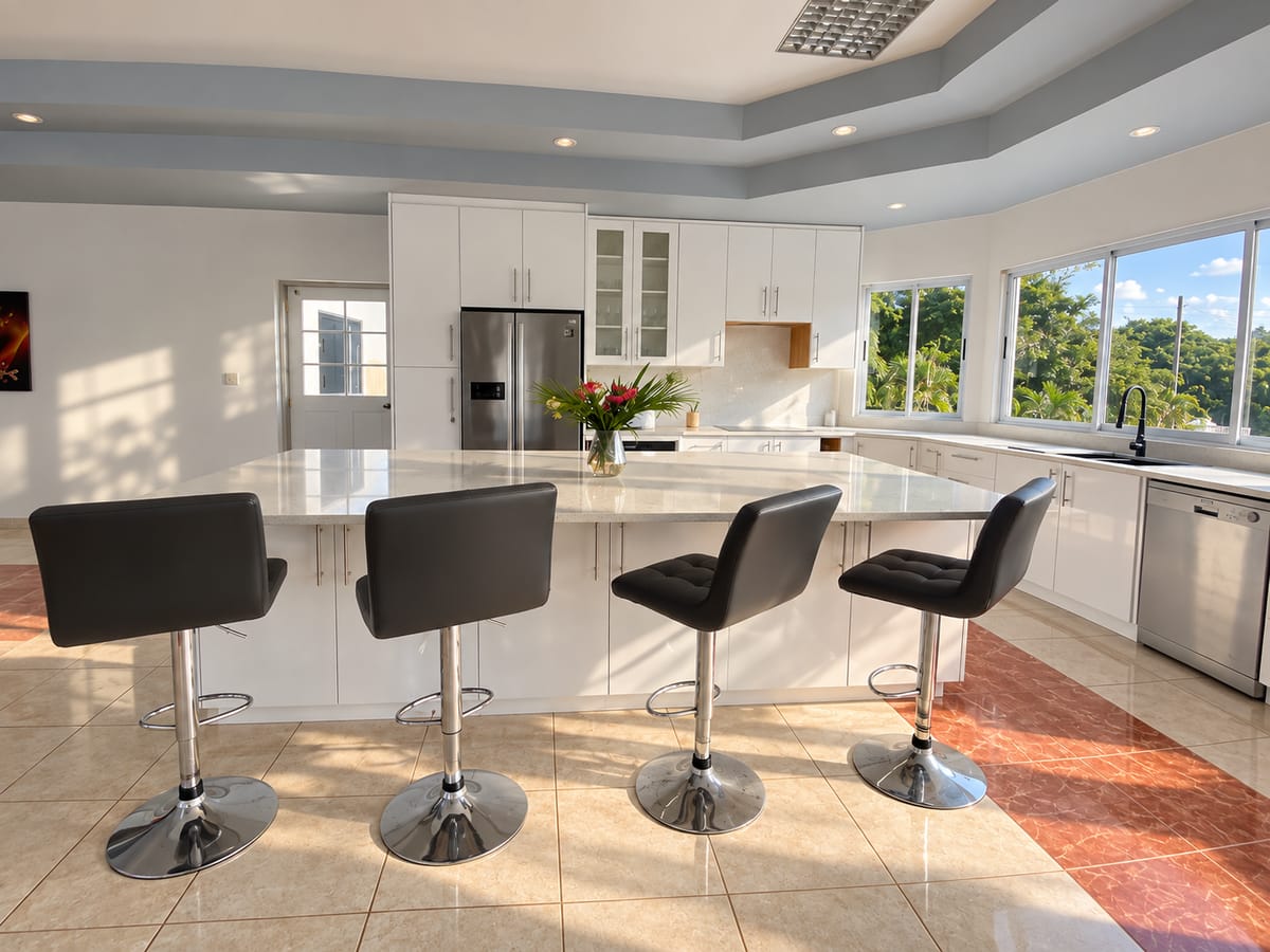 Cap Estate villa full kitchen with island and bar stools, Saint Lucia, Paris Villas