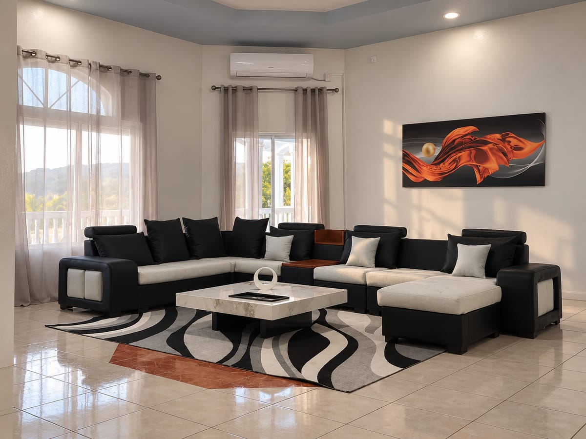 Cap Estate villa living room with sectional sofa and hill views, Saint Lucia, Paris Villas